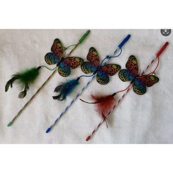 Cat teaser wand Butterfly with feathers 40 cm, green